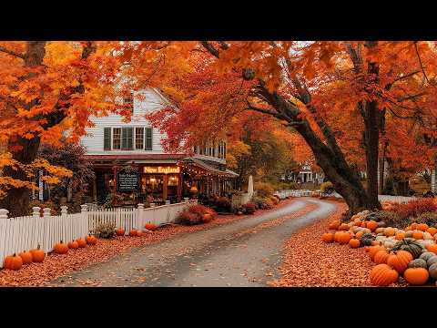 As Autumn Paints a Little New England Village 🍁 Smooth Jazz, Cozy Café Lights &amp; Golden Leaves ☕