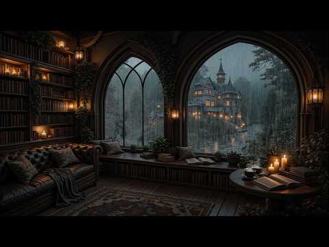Rainy Gothic Library Room | Nostalgic Dark Academia Ambience & Piano for Reading, Writing, Study