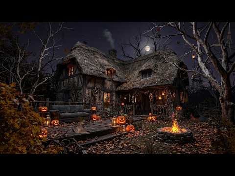 🎃 Cozy Halloween Witch Cottage Ambience | Crackling Campfire & Spooky Forest Sounds