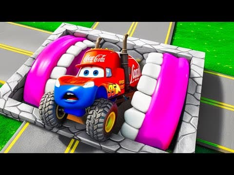 Lightning McQueen Transforms in Portal Pit! Giant Jaws Pits vs Big & Small Pixar Cars | BeamNG Drive