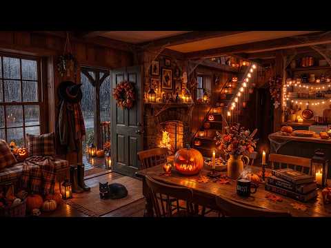 (NO MID-ROLL ADS) Cozy Rainy & Spooky Halloween 🍂 Pumpkin-Kissed Streets & Fireplace Glow