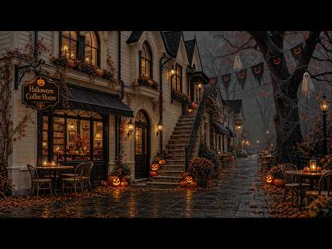 Halloween Cafe in Misty Alley with Rainy Street &amp; Pumpkins by the Cozy Door | Dark Academia Playlist