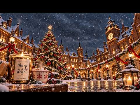 Magical Christmas Village Ambience ✨ Falling Snow, Golden Lights &amp; Cozy Christmas Tree