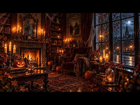 Cozy Haunted Reading Room 🔥🌧️ Rainy Fireplace Ambience | Dark Autumn Night