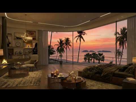 4K Summer Cozy Bedroom Overlooking the Beach Sunset | Smooth Piano Jazz Music for Relaxing, Chilling