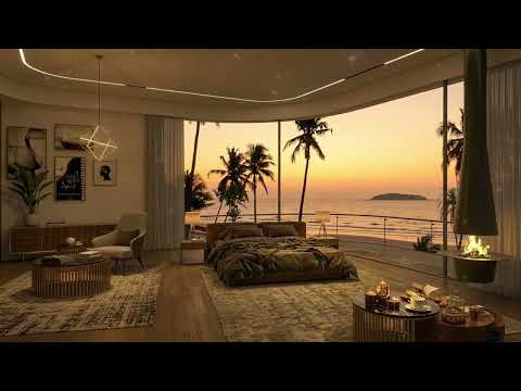 4K Summer Cozy Bedroom Overlooking the Beach Sunset | Smooth Piano Jazz Music for Relaxing, Chilling
