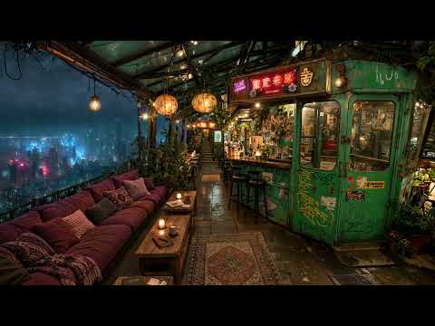 Cozy Rain over Yumiko City All Night | Hidden Rooftop Café Lofi Ambience | 4K