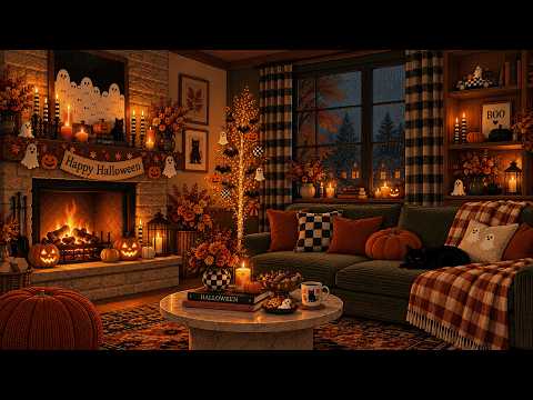 Halloween Night Jazz & Cozy Fall Ambience 🎃🔥 Slow Jazz, Fireplace Glow & Gentle Rain Sounds