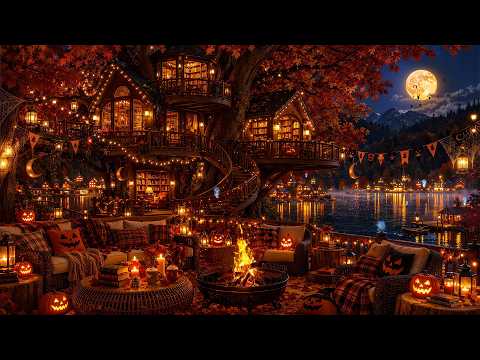 Escape to A Halloween Treehouse Glows Above the Lake 🎃 Smooth Autumn Jazz & Crackling Fire To Relax