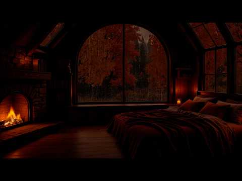 Peaceful Autumn Night Retreat 🍂 Rainy Ambience &amp; Smooth Jazz by the Warm Fireplace