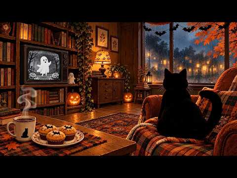 Sometimes It’s Better to Stay Home 🎃 Cozy Halloween Jazz & Rain Sounds with a Black Cat