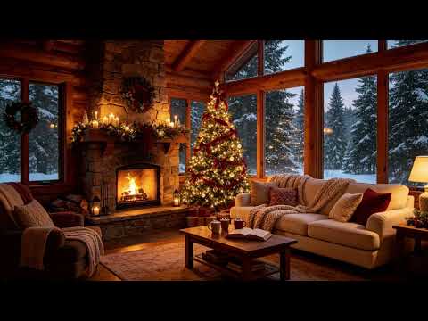 Cozy Christmas Cabin Ambience ❄️🔥 Fireplace &amp; Relaxing Jazz Music (8 Hours) NO ADS