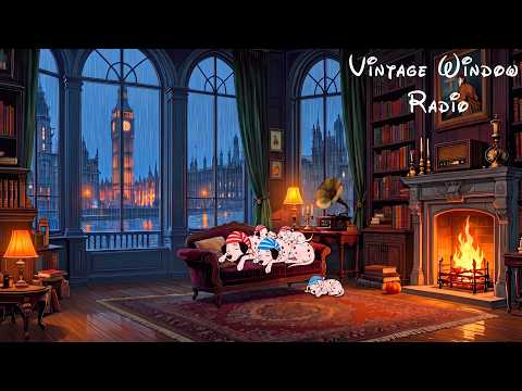 Rainy Night in a Vintage London Library 🌧️ | Cozy 1950s Oldies Playing in Another Room 📻🔥