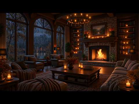 ( NO ADS) Rainy Day Coffee Shop Jazz with Fireplace | Cozy Autumn Ambience for Work & Relaxation #04