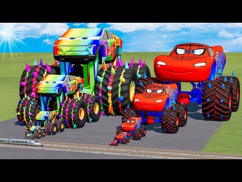 Big & Small Lightning McQueen Tesla Cyber Truck and McQueen Spiderman vs Thomas Train | BeamNG