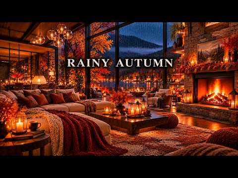 Rainy Autumn Fireplace Jazz | Cozy Crackling Fire &amp; Rain Ambience