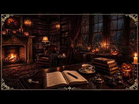 Halloween Storm in the Library 🎃🌩️ | 3 Hours of Dark Rain Sounds for Reading & Relaxation (No Music)