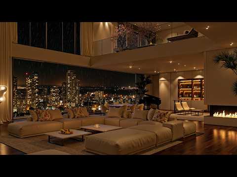 Rainy Night Jazz Playlist 🌃 Cozy Penthouse with Fireplace, Piano & Panoramic City Skyline to Work
