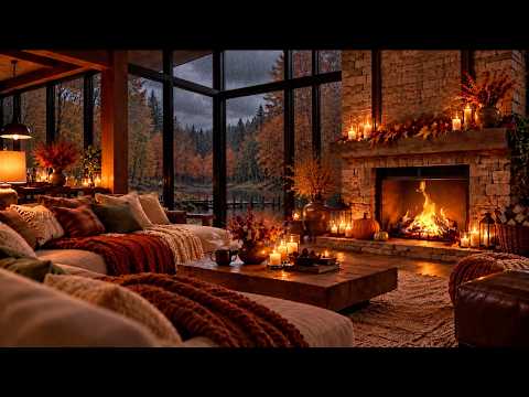 Quiet Autumn Rain & Cozy Cabin Ambience 🍂 | Soothing Jazz & Warm Fireplace