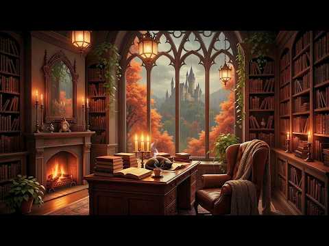 Fantasy Study Room Ambience for deep Focus & productivity | Fire and Rain Sounds 🌧️🔥
